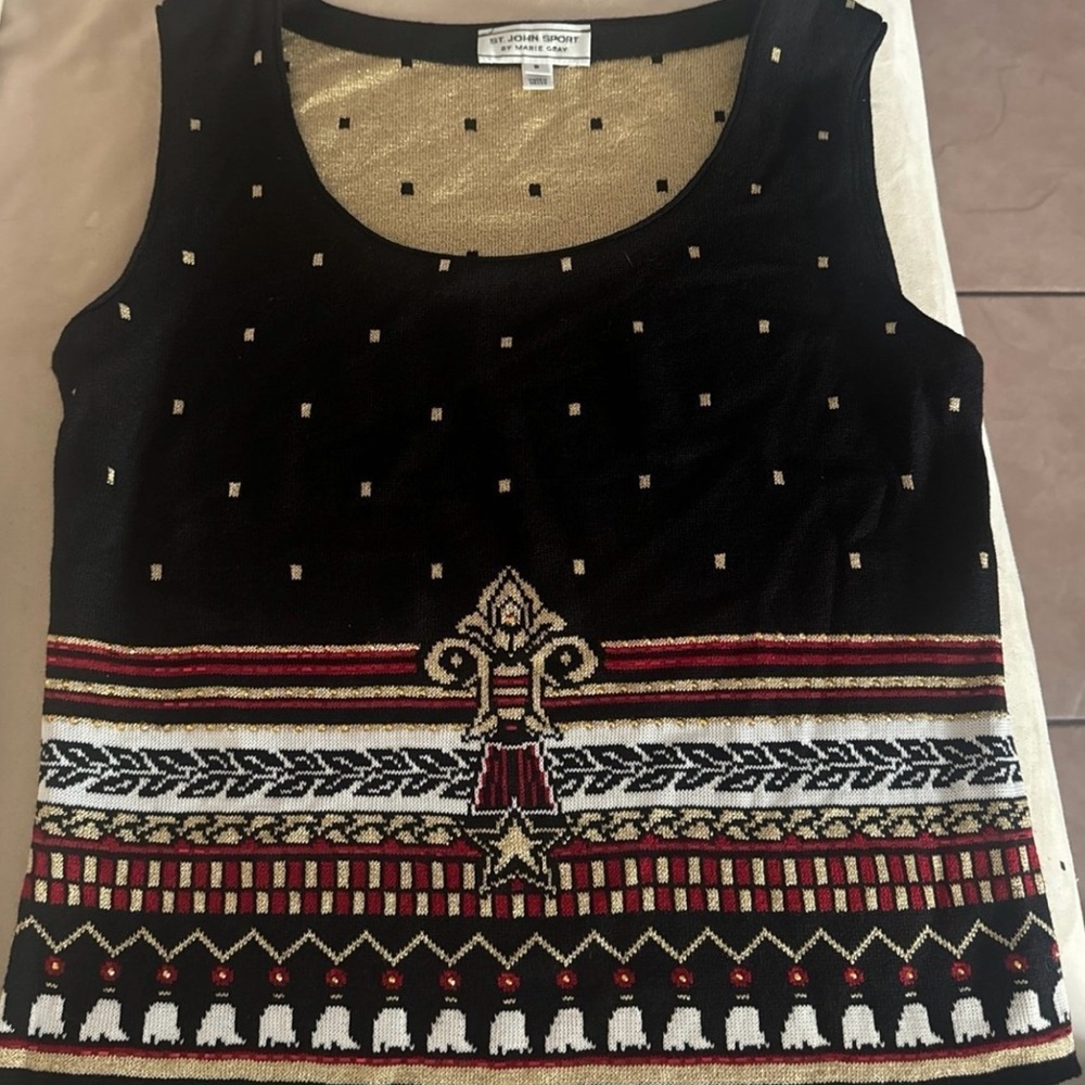 ST. JOHN SPORT by Marie Grey.   Black/red/golden knit blouse size small, NWOT